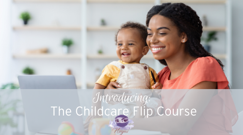 Blog introducing The Childcare Flip Course. Happy childcare business owner (a black woman) and a small child smiling at a laptop screen.